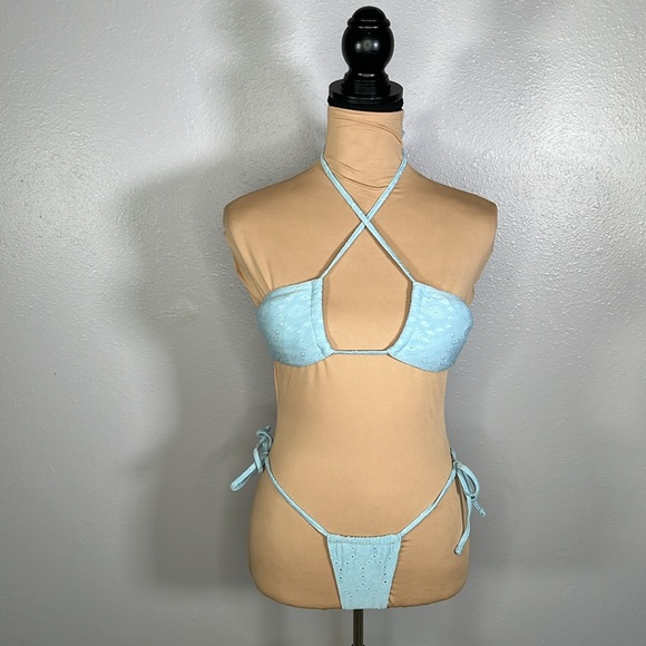 Light Blue pastel Embroidered Cutout criss cross tie micro Bikini XS| coquette - Picture 1 of 6